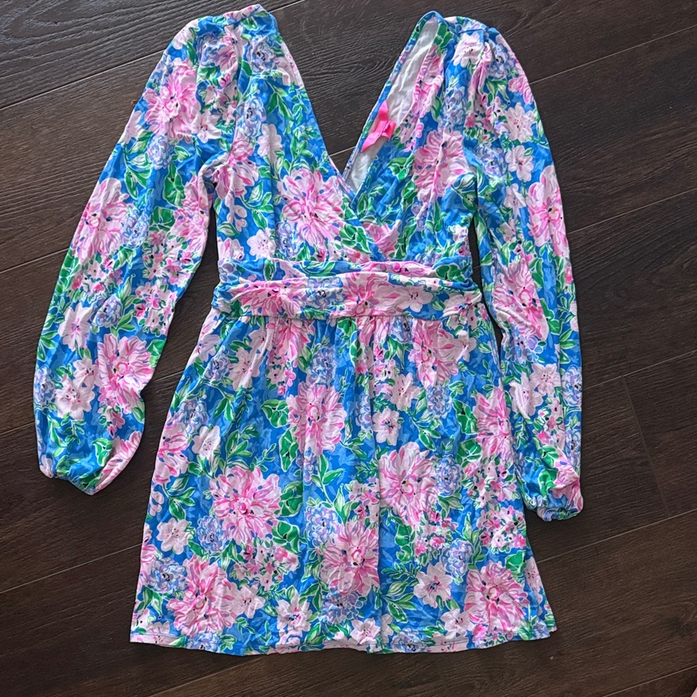 Lilly Pulitzer Blue Floral Long-Sleeve Wrap Dress with Pink Flowers